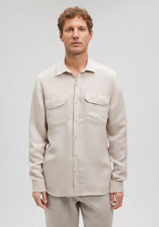 Mavi Keten Karışımlı Bej Gömlek 0210851-70144