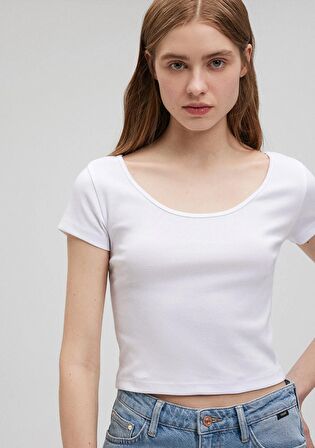 Mavi Beyaz Basic Crop Tişört 1612374-620