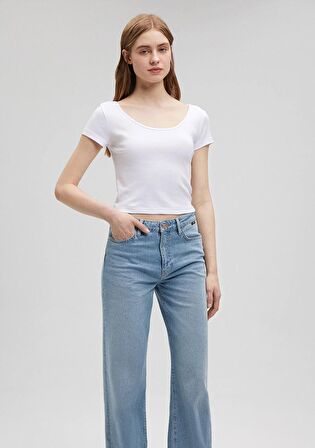 Mavi Beyaz Basic Crop Tişört 1612374-620