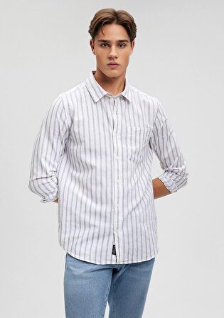 Mavi Keten Karışımlı Çizgili Gri Gömlek 0210871-80018