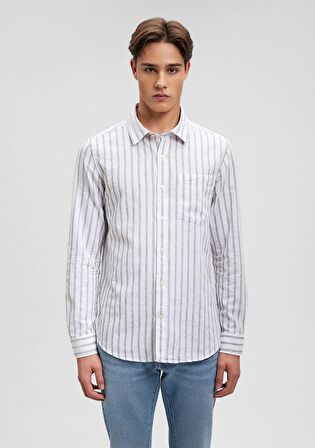 Mavi Keten Karışımlı Çizgili Gri Gömlek 0210871-80018