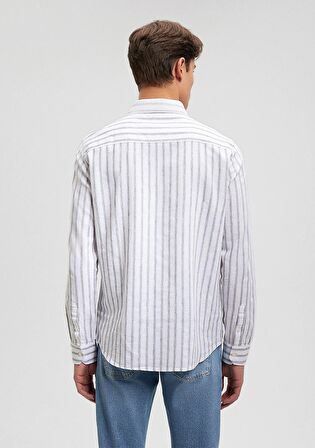 Mavi Keten Karışımlı Çizgili Gri Gömlek 0210871-80018