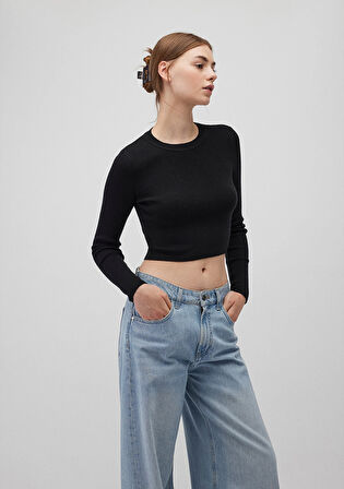 Bisiklet Yaka Siyah Crop Kazak 1710474-900