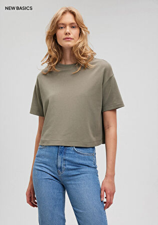 Bisiklet Yaka Yeşil Basic Crop Tişört 1612708-86961