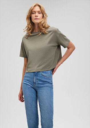Bisiklet Yaka Yeşil Basic Crop Tişört 1612708-86961