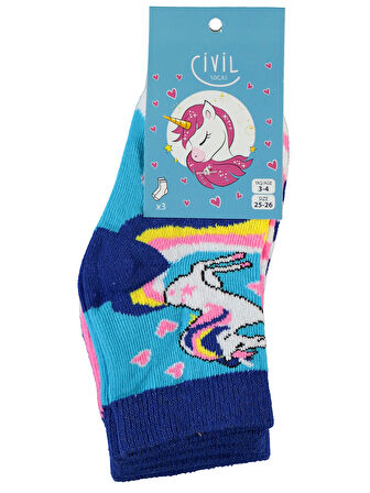 Civil Socks Kız Çocuk 3'lü Çorap 3-12 Yaş  Mavi