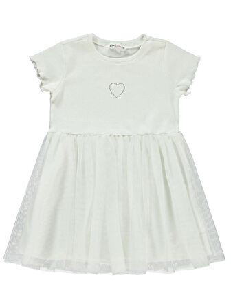 Civil Girls Kalp Baskılı Tüllü 2-5 Yaş Elbise - Ekru 3-4 Yaş