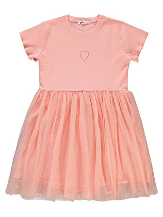 Civil Girls Kalp Baskılı Tüllü 6-9 Yaş Elbise - Pudra 9-10 Yaş