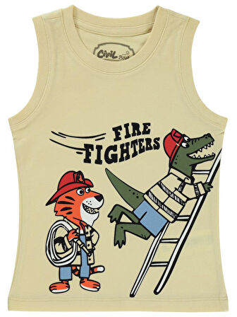 Civil Boys Fıre Fıghters Baskılı Sıfır Kol 2-5 Yaş Tişört - Bej5-6 Yaş