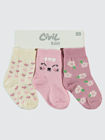 Civil Baby Kız Bebek 3'lü Çorap Set 6-18 Ay Pembe