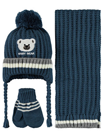 Civil Baby Erkek Bebek Atkı Bere Eldiven Set 0-24 Ay Mavi