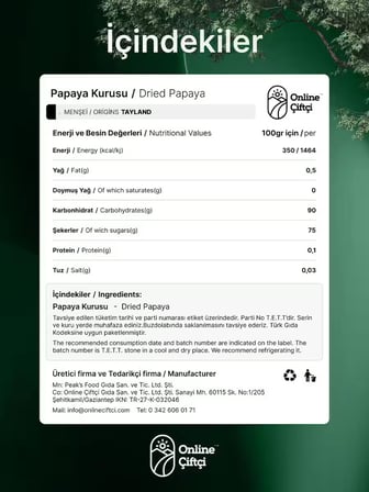 Papaya Kurusu Şekerli 70Gr