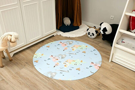 World Map Yuvarlak Oyun Matı-Halısı 140cm | 12 mm, Darbe Emici, Isı Yalıtımlı, Çift Yönlü