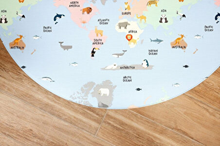 World Map Yuvarlak Oyun Matı-Halısı 140cm | 12 mm, Darbe Emici, Isı Yalıtımlı, Çift Yönlü