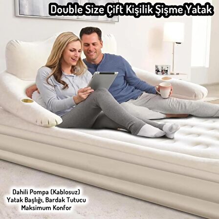 EFSANE KAMP - Double King Başlıklı Otomatik Dahili Pompalı Çift Kişilik Şişme Yatak -  203*152*40cm