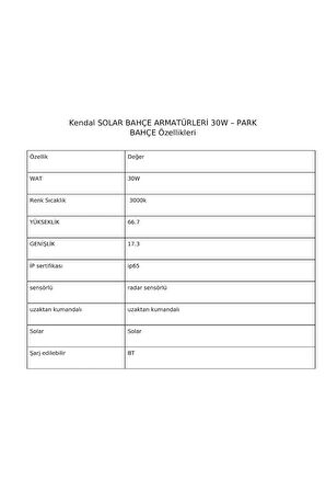 KBA779 SOLAR BAHÇE ARMATÜRLERİ 30W PARK BAHÇE