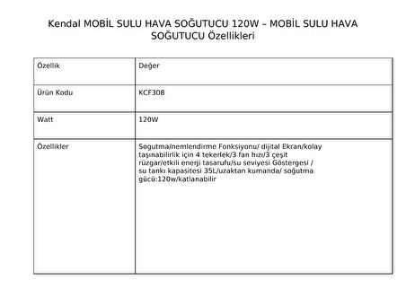 Kendal KCF308 Mobil Sulu Hava Soğutucu 1200W