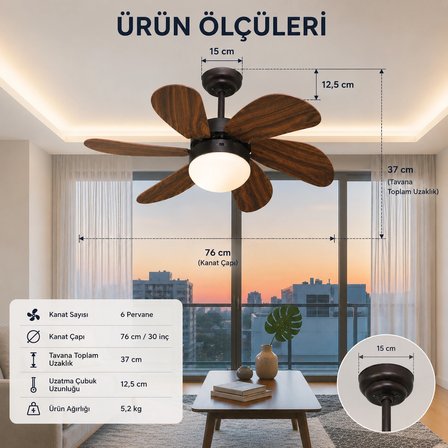 Vanti Kcf280K 6 Kanatlı Ahşap Desenli Uzaktan Kumandalı Avizeli Dekoratif Tavan Vantilatörü