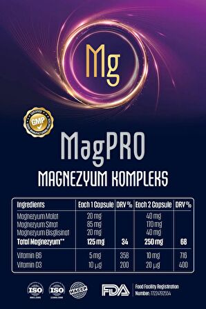 Magnezyum (SİTRAT, MALAT, BİSGLİSİNAT) Complex 250 Mg Vitamin B6 & Vitamin D3 Kompleks (60 KAPSÜL)