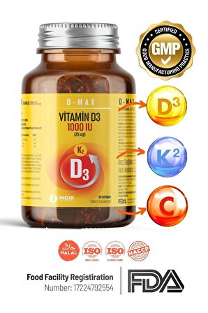 D-max Vitamin D3k2 Vitamin C Içerikli 30 Adet Soft Jel Kapsül Yüksek Emilim Düzeyine Sahip Formül