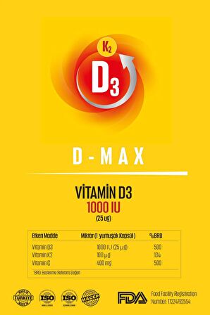 D-max Vitamin D3k2 Vitamin C Içerikli 30 Adet Soft Jel Kapsül Yüksek Emilim Düzeyine Sahip Formül