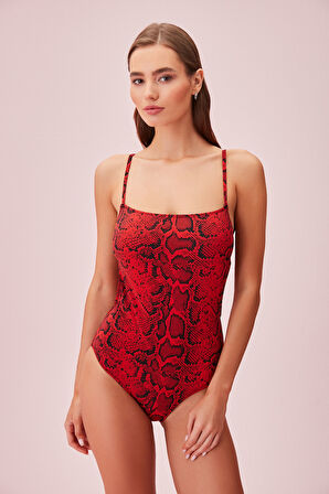 Suwen Red Snake Sırt Detaylı Desenli Mayo