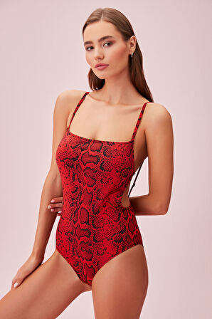 Suwen Red Snake Sırt Detaylı Desenli Mayo