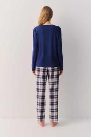 Suwen Pillow Check Uzun Kol Düğme Yaka Pijama Üstü