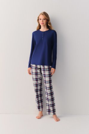 Suwen Pillow Check Uzun Kol Düğme Yaka Pijama Üstü