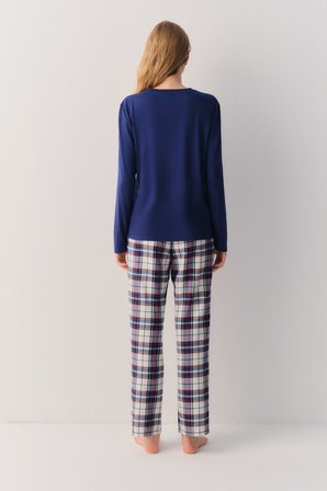 Suwen Pillow Check Uzun Kol Düğme Yaka Pijama Üstü