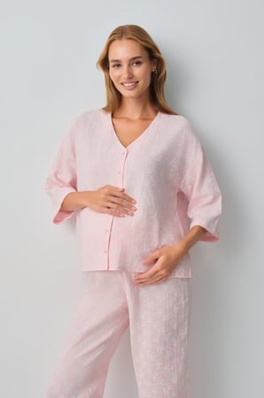 Suwen Cindy Pamuklu Hamile Lohusa Gömlek Yaka Pijama Takımı