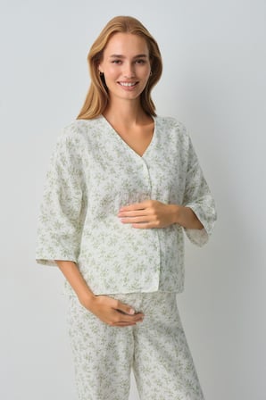 Suwen Cindy Pamuklu Hamile Lohusa Gömlek Yaka Pijama Takımı