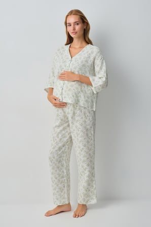 Suwen Cindy Pamuklu Hamile Lohusa Gömlek Yaka Pijama Takımı