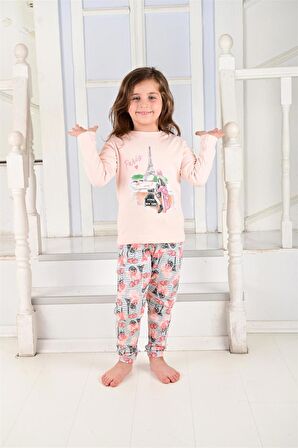 Kız Çocuk Uzun Kollu Pijama Takımı Paris Girl Somon