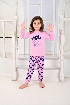 Kız Çocuk Uzun Kollu Pijama Takımı Ballon Hearth Pembe