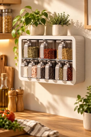 Porsima 0439 9 lu Standlı Kendinden Yapışkanlı Kaşıklı Kapaklı Baharatlık Takımı - Cappucino Beyaz