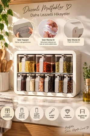 Porsima 0439 9 lu Standlı Kendinden Yapışkanlı Kaşıklı Kapaklı Baharatlık Takımı - Cappucino Beyaz