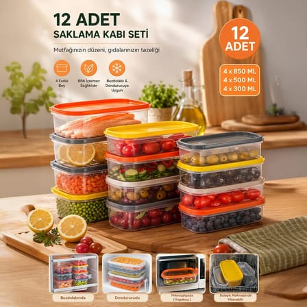 Porsima 1001 12 li Dikdörtgen Plastik Saklama Kabı - Çok Amaçlı Gıda Erzak Saklama Kabı Seti