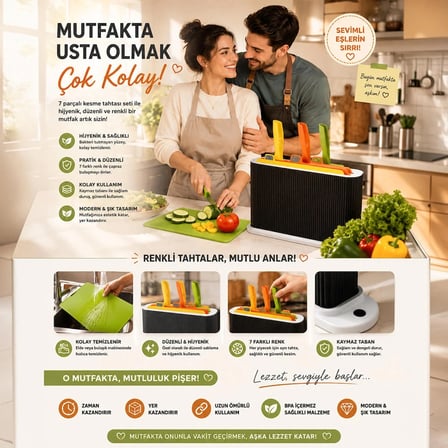 Porsima 1075 3 Bıçaklı Siyah-Beyaz Standlı Çoklu Kesme Tahtası Seti - Plastik Kırmızı Et Balık Sebze Beyaz Et