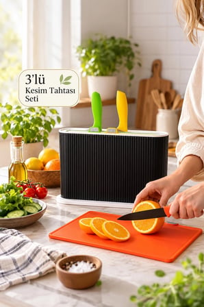 Porsima 1075 3 Bıçaklı Siyah-Beyaz Standlı Çoklu Kesme Tahtası Seti - Plastik Kırmızı Et Balık Sebze Beyaz Et