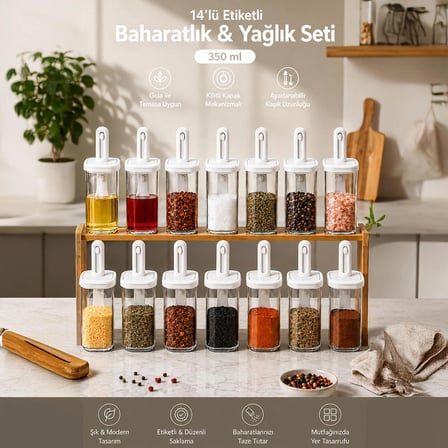 Porsima 1103 14lü Kaydırmalı Kaşıklı Sızdırmaz Kapaklı Etiketli Yağdanlıklı Baharatlık Seti-Saklama Kabı Beyaz
