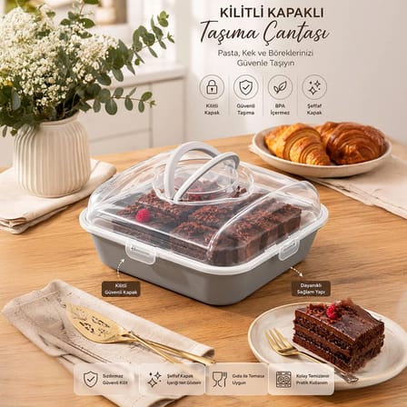 Porsima 1094 Soft Gri Pasta Kek Börek Kabı - Taşıma çantası - Kilitli Fanus