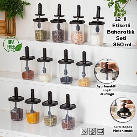 Porsima 1099 Kaydırmalı Kaşıklı Sızdırmaz Kapaklı Etiketli 12'li Baharatlık Seti Şeffaf Siyah