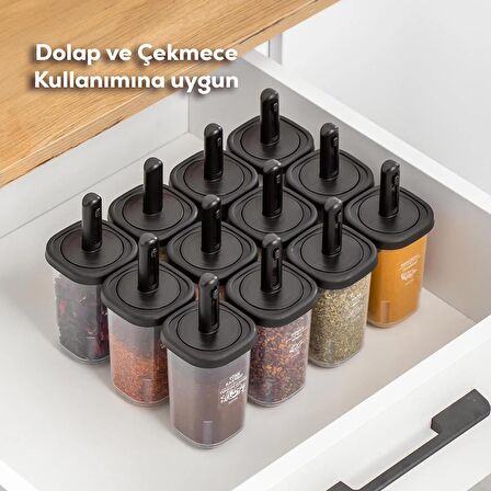 Porsima 1099 Kaydırmalı Kaşıklı Sızdırmaz Kapaklı Etiketli 12'li Baharatlık Seti Şeffaf Siyah