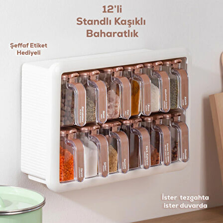 Porsima 1119 12li Standlı Kendinden Yapışkanlı Kaşıklı Kapaklı Baharatlık Saklama Kabı Seti - Beyaz
