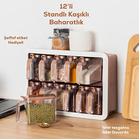 Porsima 1120 12li Standlı Kendinden Yapışkanlı Kaşıklı Kapaklı Baharatlık Saklama Kabı Seti - Bakır Beyaz