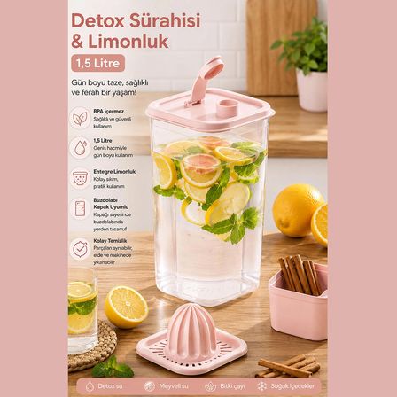 Porsima 06-1109 Detoks Sürahi & Limonluk Şeffaf 1,5 L - Pembe
