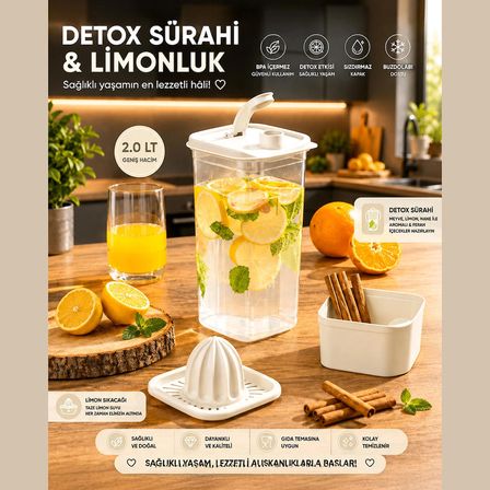 Porsima1110 Sızdırmaz Kapaklı Detoks Sürahi - Matara & Limonluk, Şerbetlik, Suluk Şeffaf Beyaz 2L