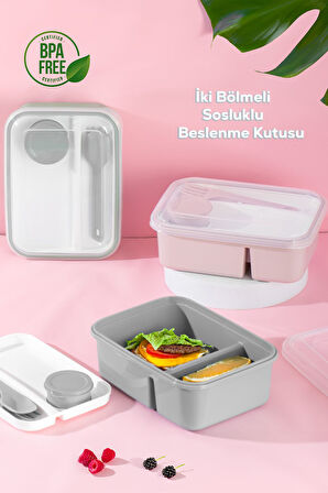 Porsima 1183 Kendinden Kaşık Çatallı Sosluklu Bölmeli Beslenme Kabı - Taşınabilir Lunch Box Gri