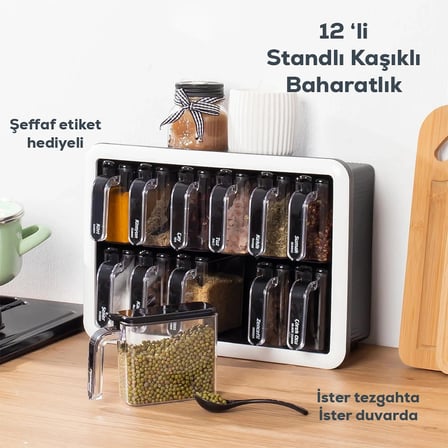 Porsima 1041 Standlı Kendinden Yapışkanlı Kaşıklı Kapaklı Baharatlık Takımı 12'Li Beyaz - Siyah